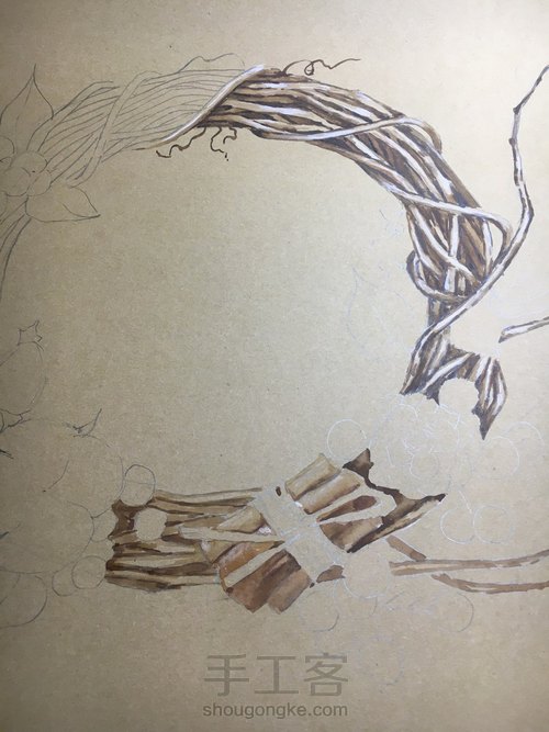 森系圣诞花环的水彩做法 第3步