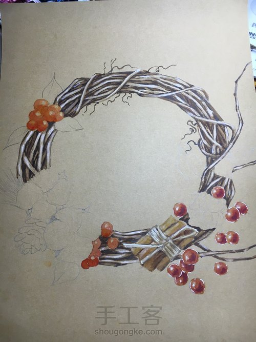 森系圣诞花环的水彩做法 第5步