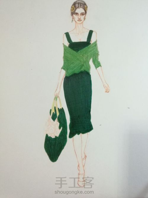 时尚手绘步骤/DG 绿色印花连衣裙 第3步