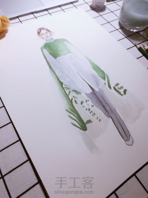 时尚插画#穿绿斗篷的少女 第4步
