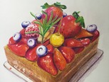 起稿画轮廓，轻轻的画方便后面彩铅上色。找到每个物体的固有色，就是本来的颜色哈。暗部画些调子，明确整体明暗关系，留出高光部分。每个物体逐个上色，最后画影子。完成，蛋糕出炉啦！