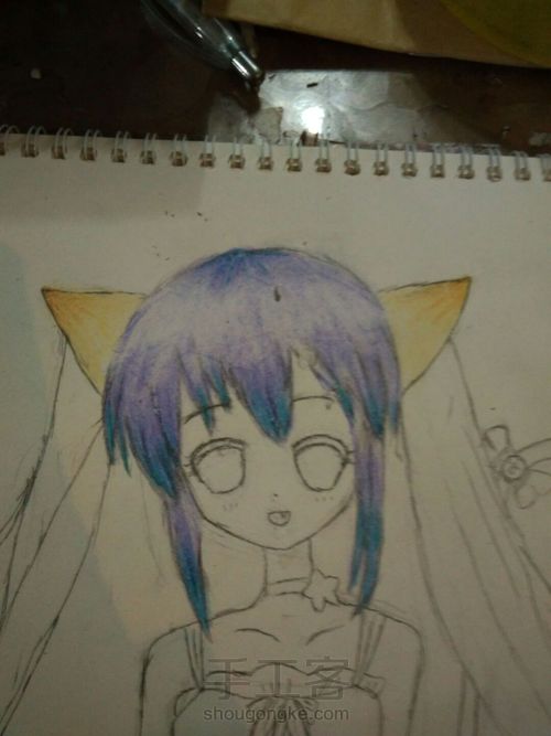 猫儿少女彩铅画(中)头发篇 第10步