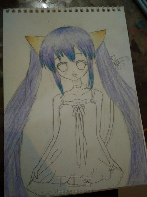 猫儿少女彩铅画(中)头发篇 第11步