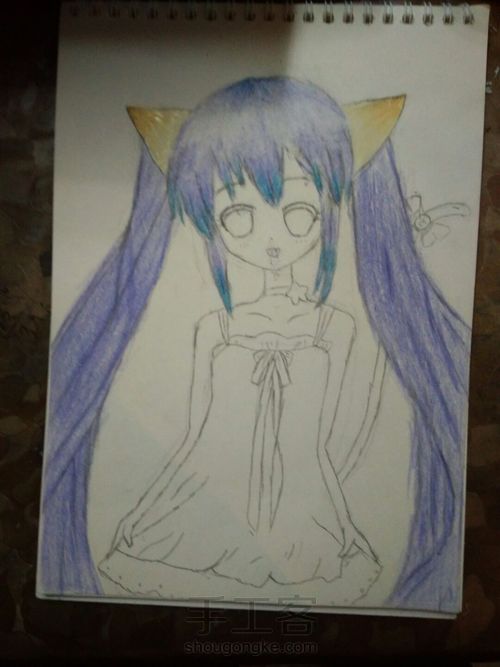 猫儿少女彩铅画(中)头发篇 第13步