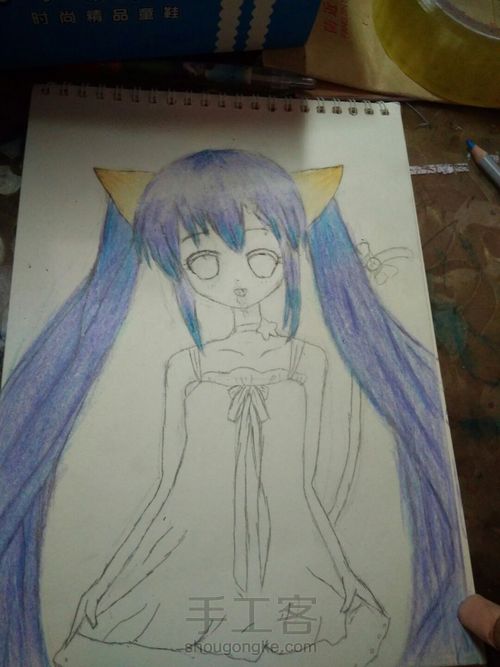 猫儿少女彩铅画(中)头发篇 第14步