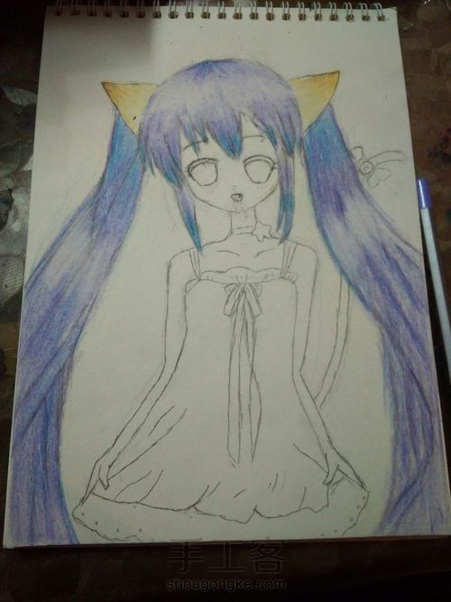 猫儿少女彩铅画(中)头发篇 第15步