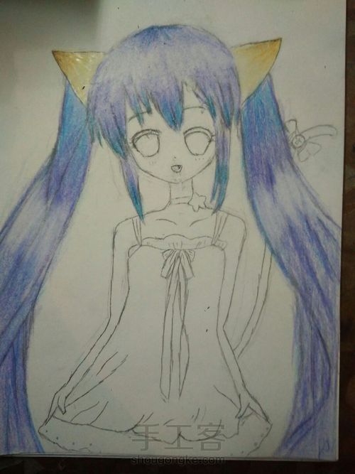 猫儿少女彩铅画(中)头发篇 第16步