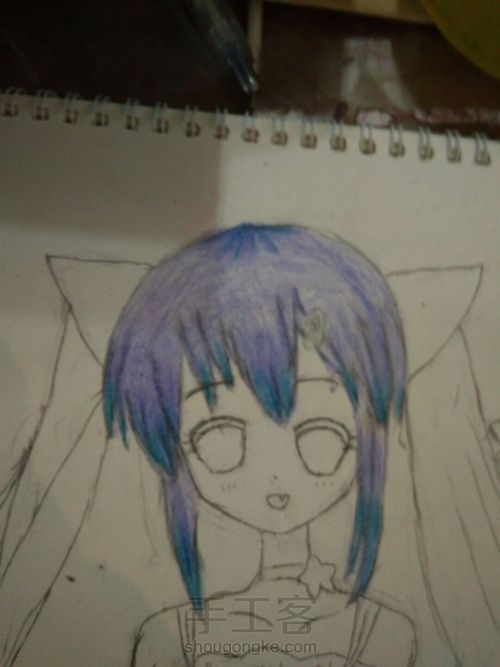 猫儿少女彩铅画(中)头发篇 第6步