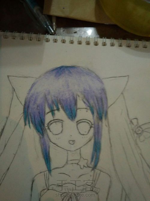 猫儿少女彩铅画(中)头发篇 第7步