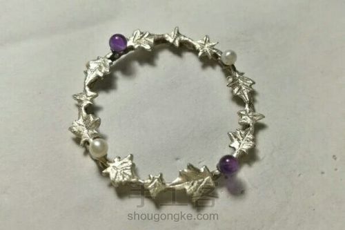 纯银镀金草叶紫水晶珍珠胸针 第12步
