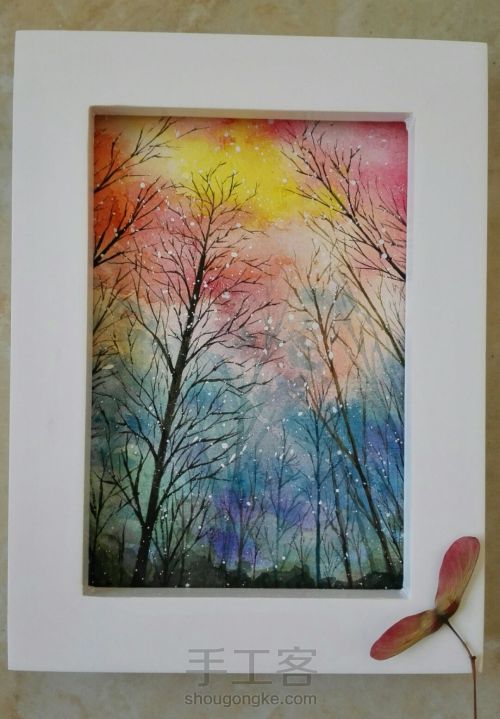【原创】手绘水彩彩色星空树林明信片 第1步