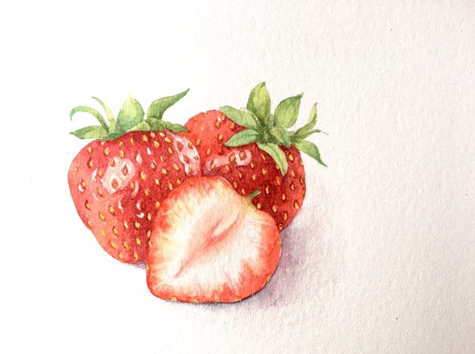 从黑白到彩色，详解三棵透亮的大草莓是怎样诞生的～这是老师的画哦～愿意分享，看到口福眼福喂饱你。哈哈哈