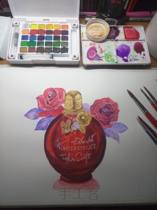 【临摹】时尚水彩魔法奇缘香水与红玫瑰 第10步