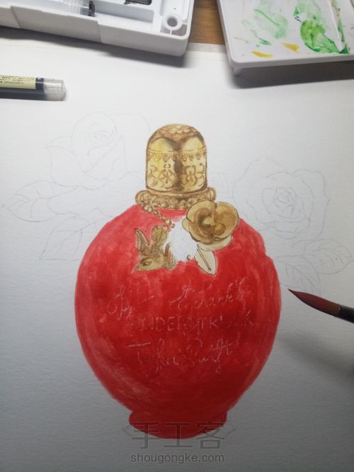 【临摹】时尚水彩魔法奇缘香水与红玫瑰 第3步