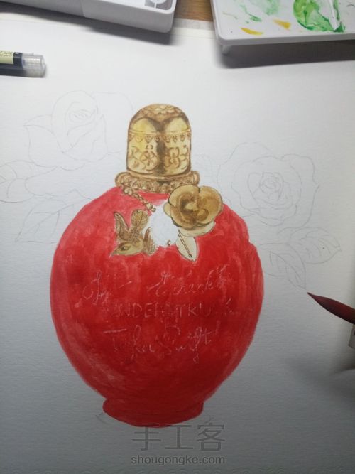 【临摹】时尚水彩魔法奇缘香水与红玫瑰 第4步