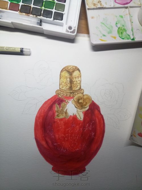 【临摹】时尚水彩魔法奇缘香水与红玫瑰 第5步