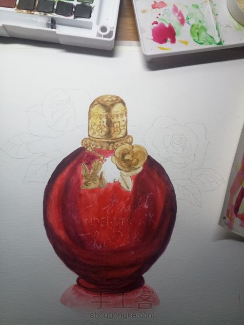 【临摹】时尚水彩魔法奇缘香水与红玫瑰 第6步