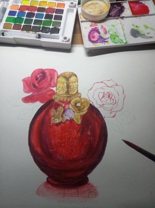 【临摹】时尚水彩魔法奇缘香水与红玫瑰 第8步