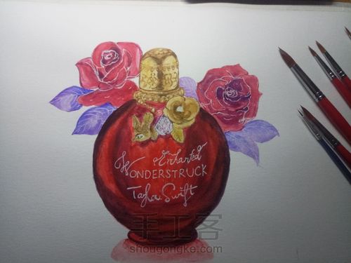 【临摹】时尚水彩魔法奇缘香水与红玫瑰 第9步