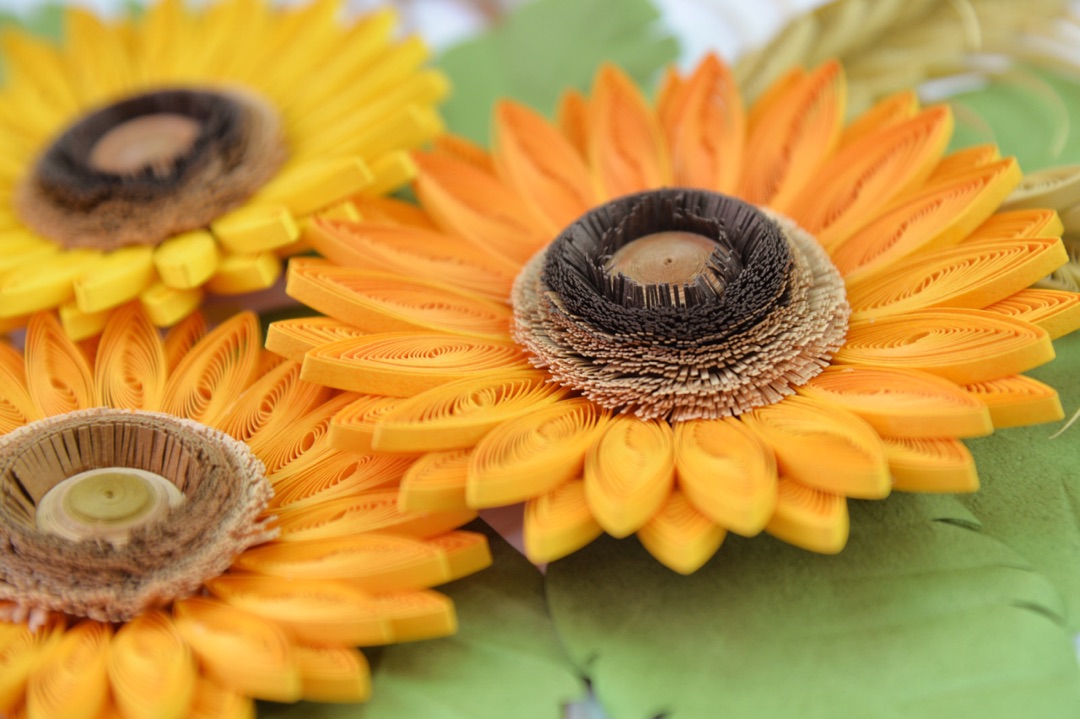 衍纸向日葵花，是我最喜欢的花型之一，它不仅简单易学，而且搭配到哪幅作品里面都能充当主花的角色，花语的寓意也很好：向日葵之所以幸福，是因为时刻都微笑着面对阳光！