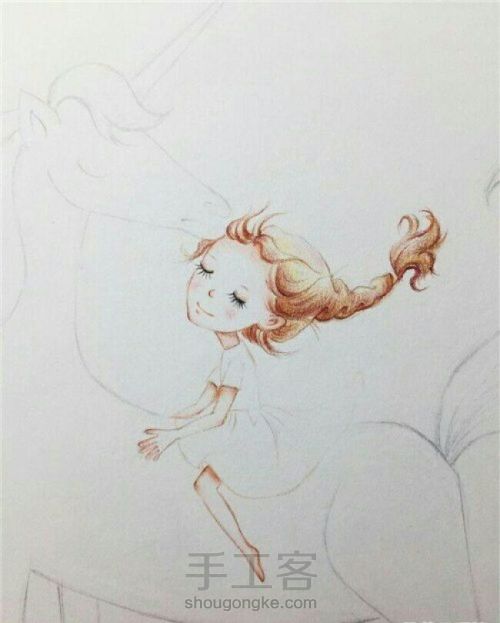 唯美好看的小女孩骑着独角兽的彩铅画教程 第2步