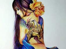 用十色彩色圆珠笔画出美女后背上的纹身图案。