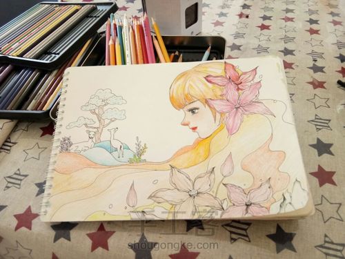 彩铅+水彩 小美女 第2步