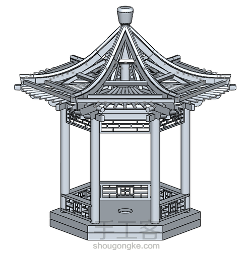 第二木作之单檐六角凉亭 第4步