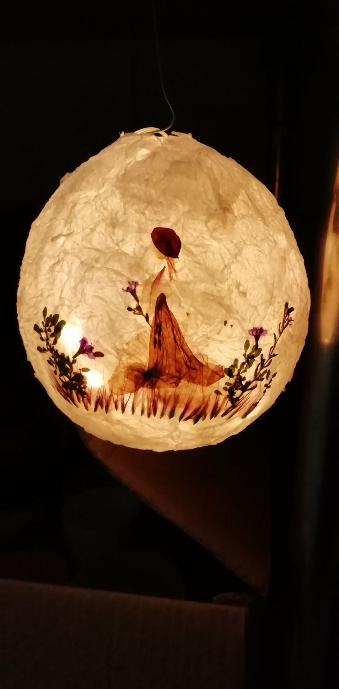 利用纸和植物用白乳胶粘于气球，干燥形成灯饰