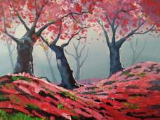 《樱花林》油画，用色简单希望大家会喜欢。有颜色要厚一些，少用水。