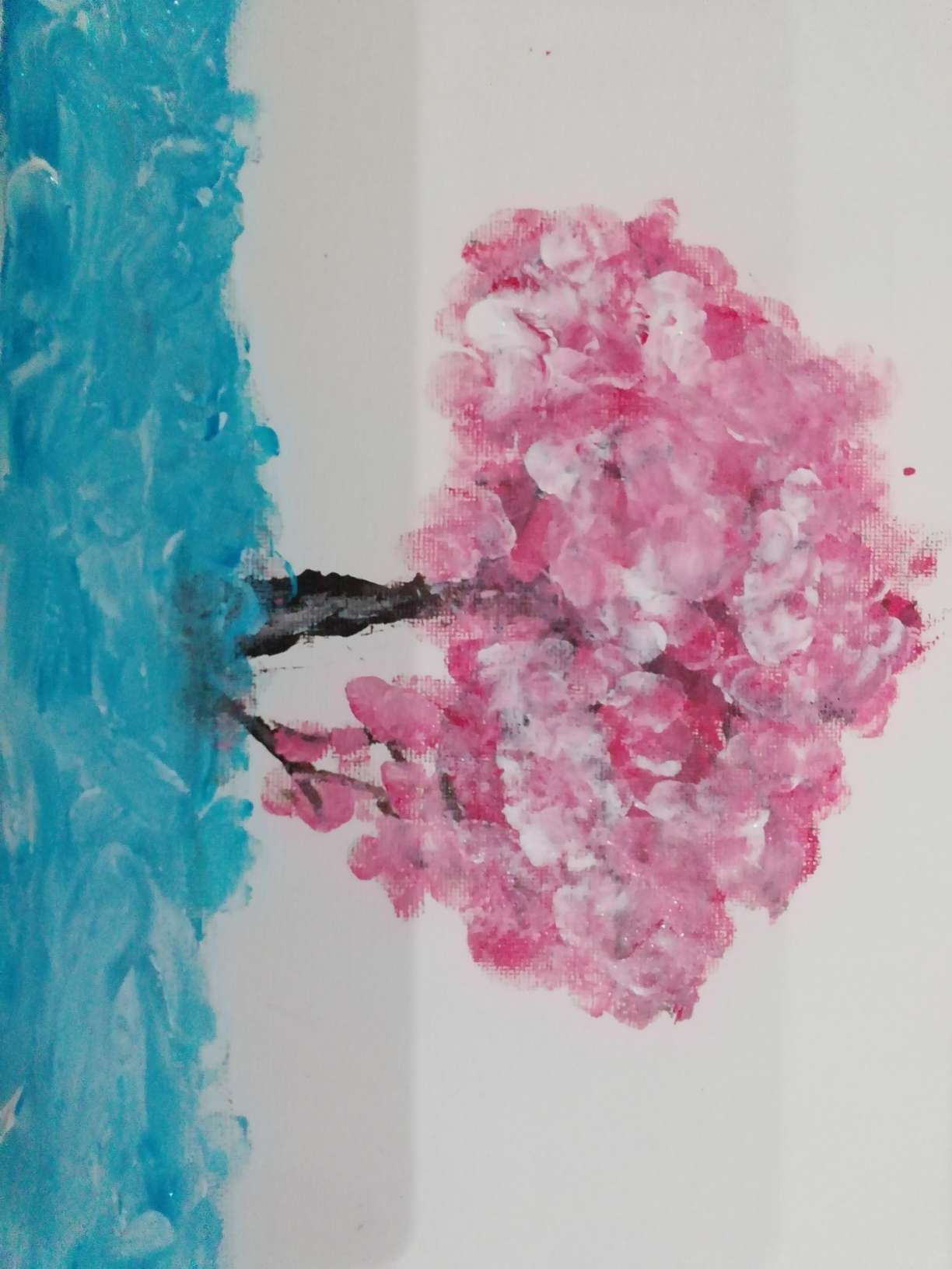 超简单又美丽的儿童手指画樱花树，你能想象出这棵美丽的樱花树是用手沾颜料画出的吗？😍😍