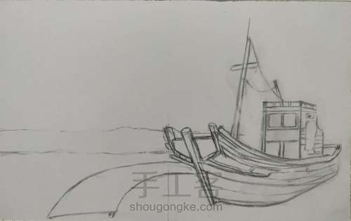【渔舟唱晚】彩铅画 第1步