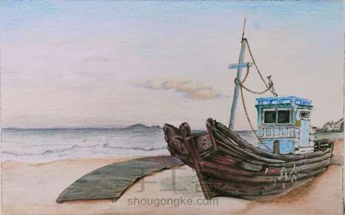 【渔舟唱晚】彩铅画 第6步