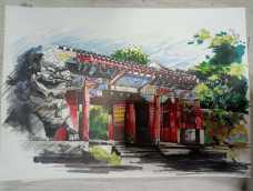 北京大学大门的马克笔建筑绘画