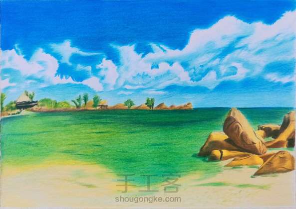 风景海边彩铅画